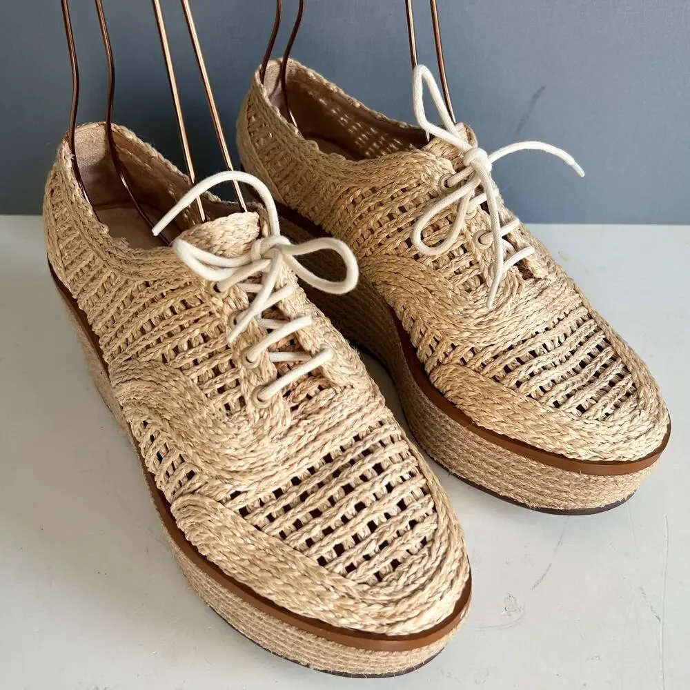 Schutz Platform Loafer wedge Size 8.5 tan Bordado rattan preppy Coastal - Picture 3 of 11